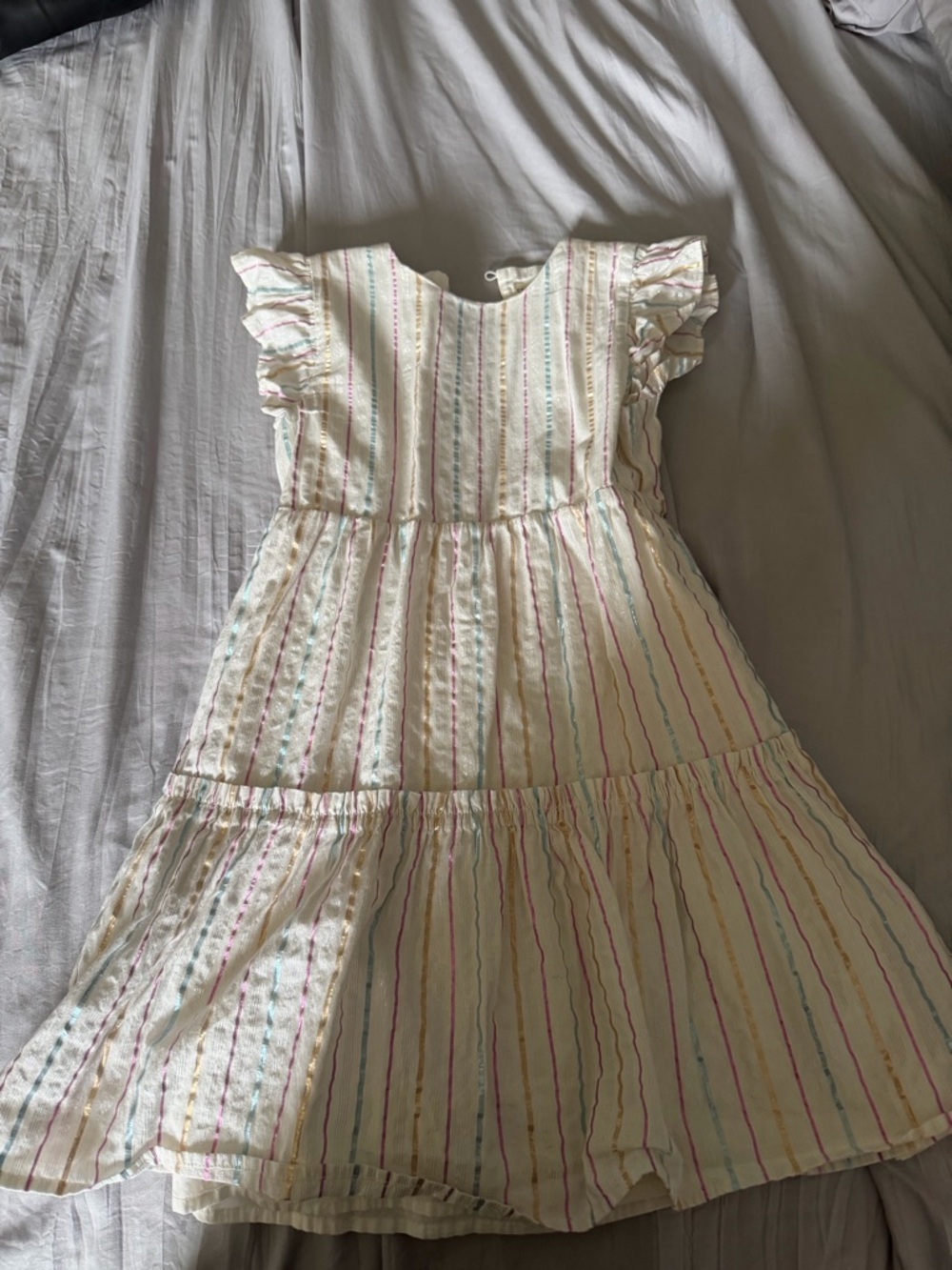 J. Crew Factory Cream Dress with Pastel Stripe Ruffles